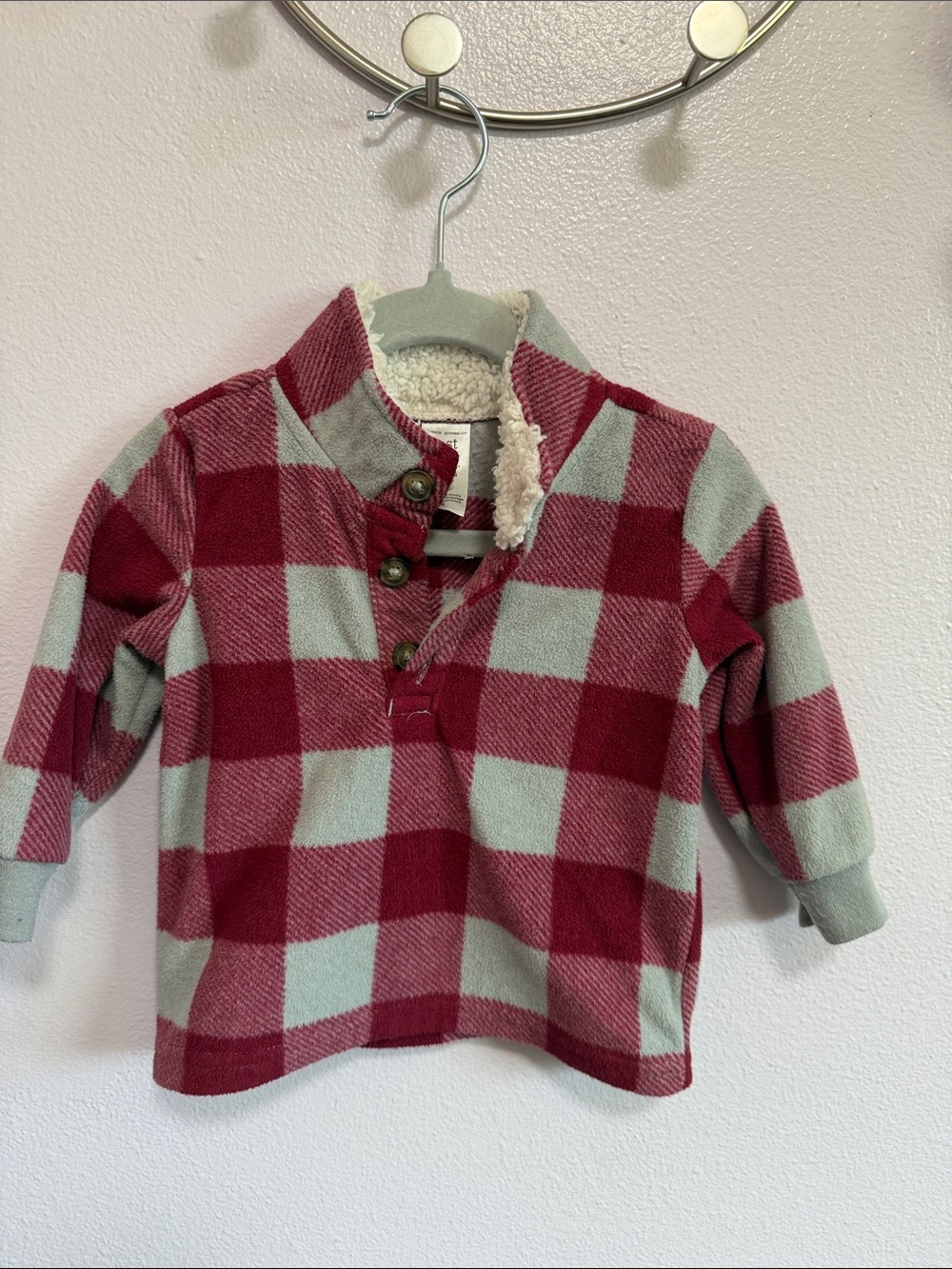Plaid Sherpa-Lined Pullover Top in Red and Light Gray - Baby